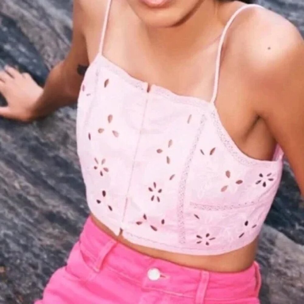 Sexy Zara Eyelet Lace Baby Pink Crop Top  A-24